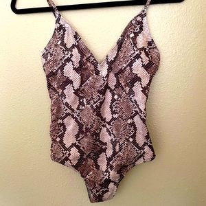 Beige tan snake print one piece bathing suit
